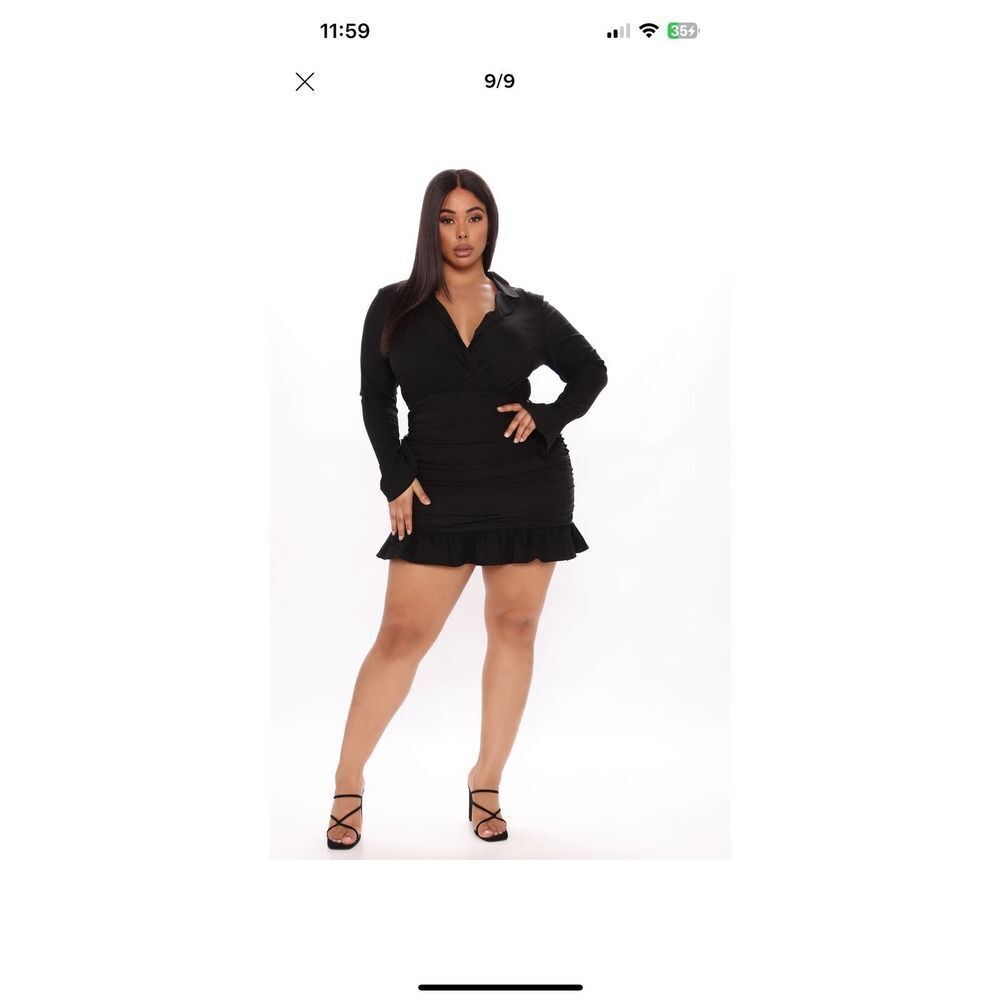 Fashion Nova Ruched Shirt Mini Dress Womens 2X Black Collared Long Sleeve Ruffle